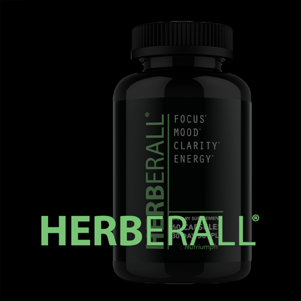HERBERALL supplement bottle, GPO Plus in-house brand for focus, mood, clarity and energy